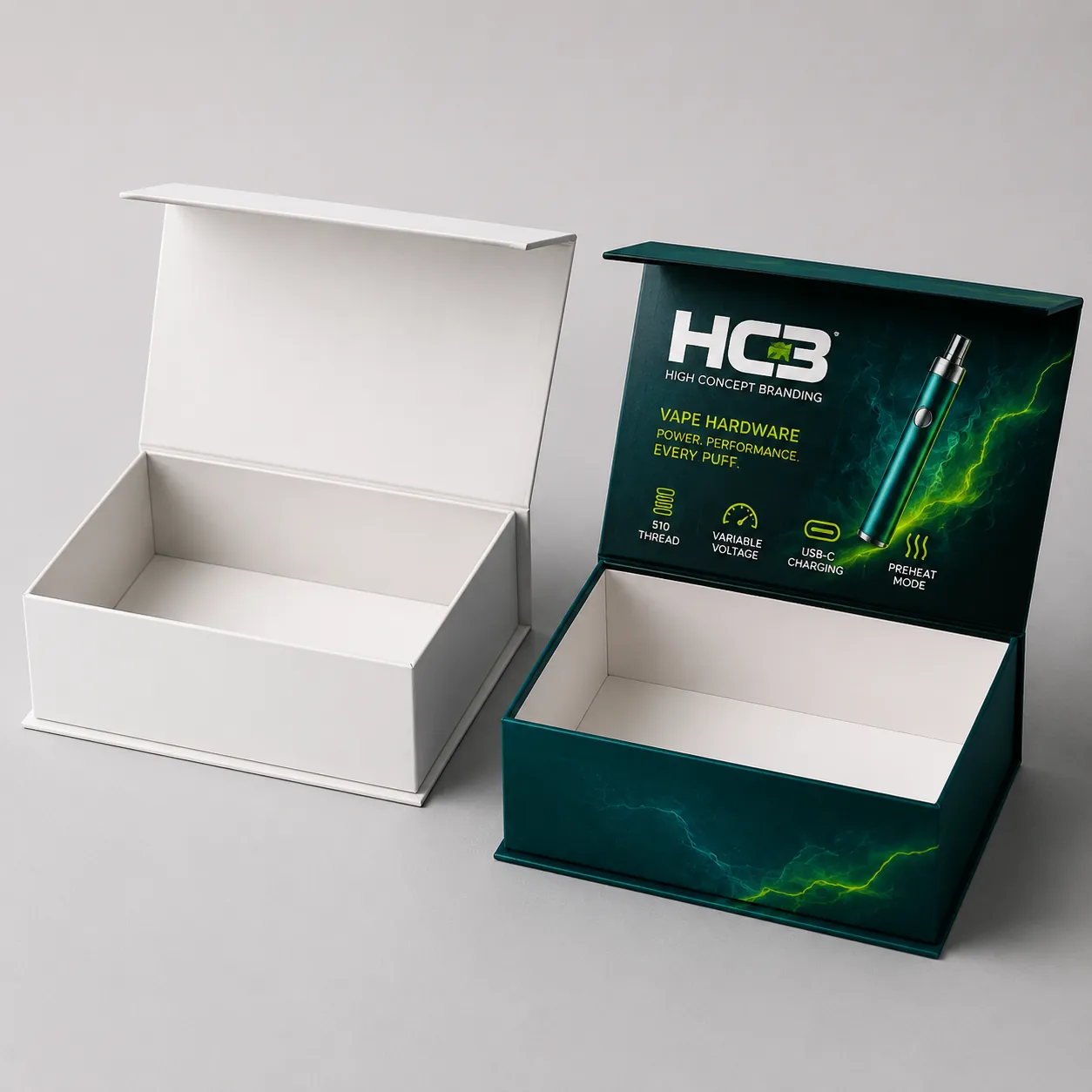 Custom printed magnetic rigid boxes for luxury vape battery hardware shown alongside a plain white sample. class=